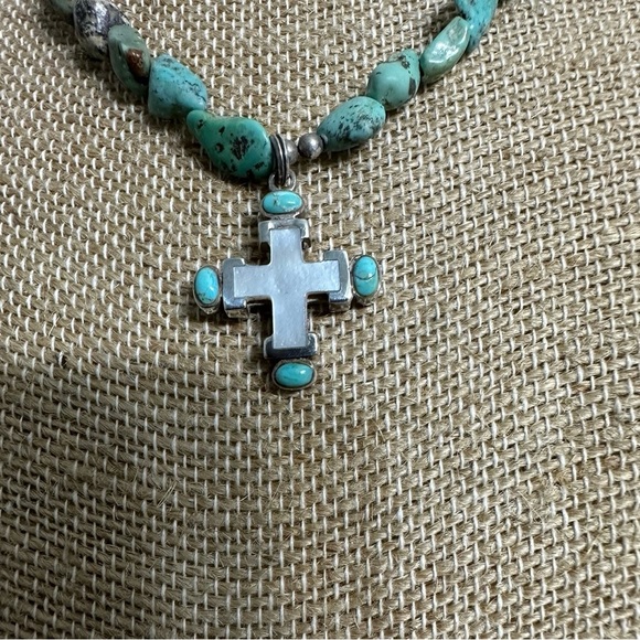 Vintage Southwestern Turquoise Sterling Silver Mother Of Pearl Cross Necklace - Picture 3 of 8
